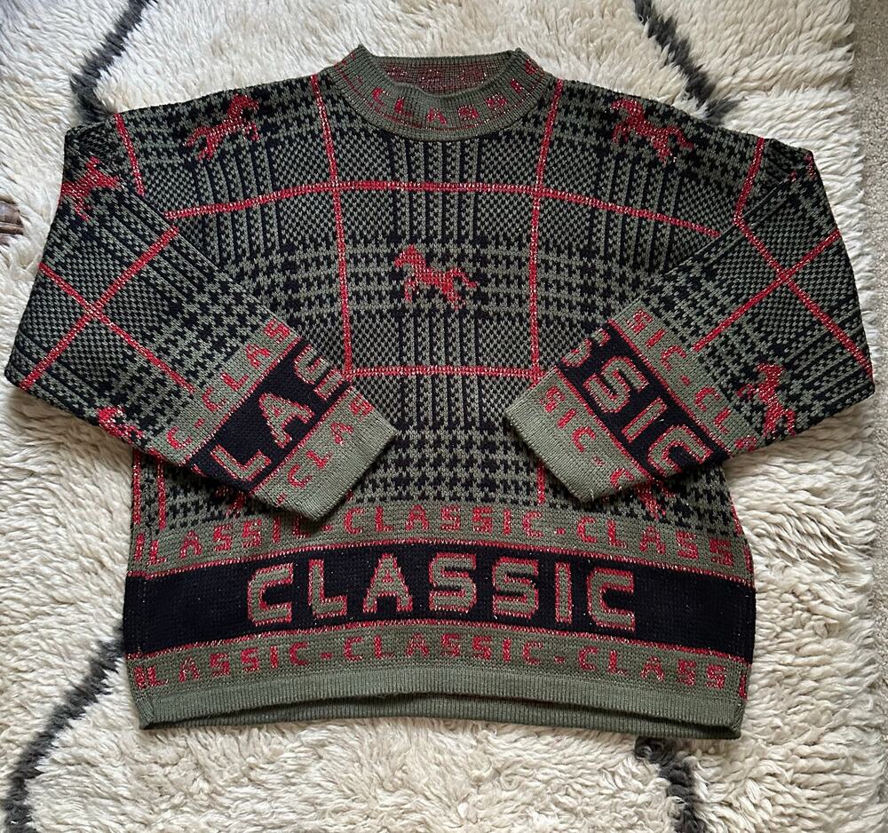 Vintage Knit Sweater green CLASSIC horse plaid Equestrian 80s